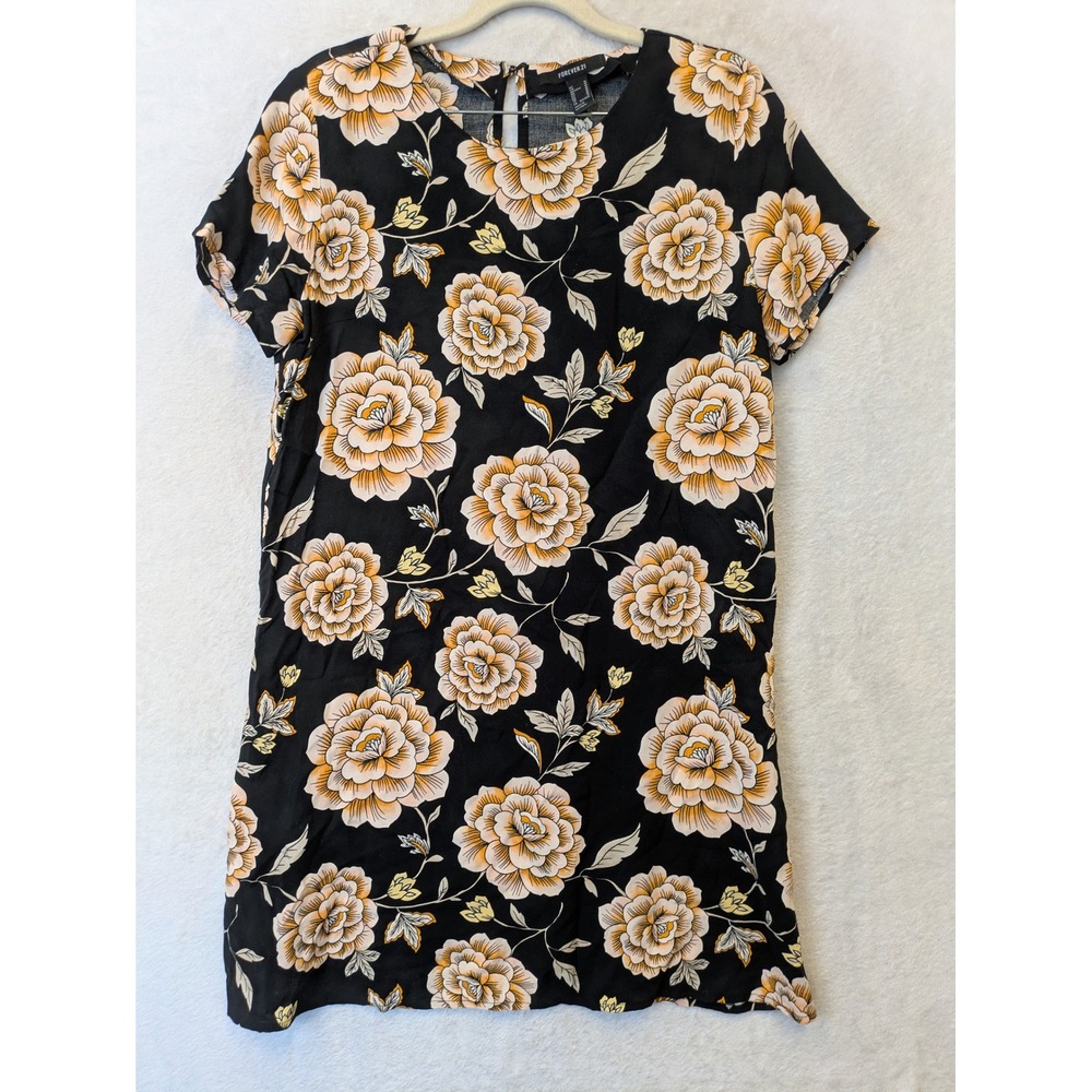 Forever 21 Women's Size M Black Yellow Floral‎ Rose Shift Mini T-Shirt Dress